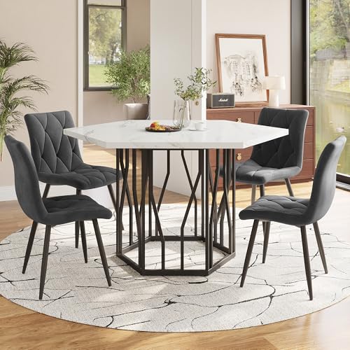 DUlVBPE Esstisch- und Stuhlset (5-teiliges Set), moderner sechseckiger Marmor-Esstisch + 4 Esszimmerstühle aus grauem Samt, um EIN warmes und modernes Restaurant zu schaffen von DUlVBPE