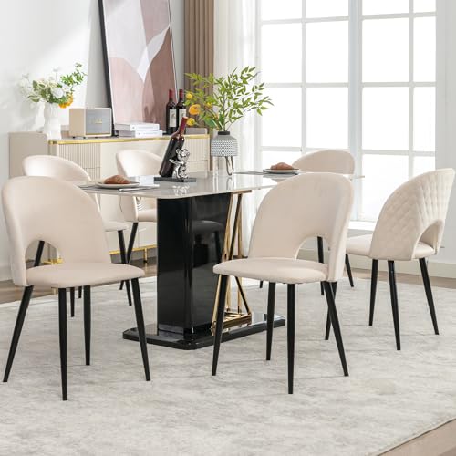 DUlVBPE Esszimmerstuhl (6 St), Polsterstuhl Design Stuhl mit Rückenlehne,Sitzfläche aus Samt Gestell aus Metall,Verstellbare Füße,Diamantmuster auf der Rückseite,Beige von DUlVBPE