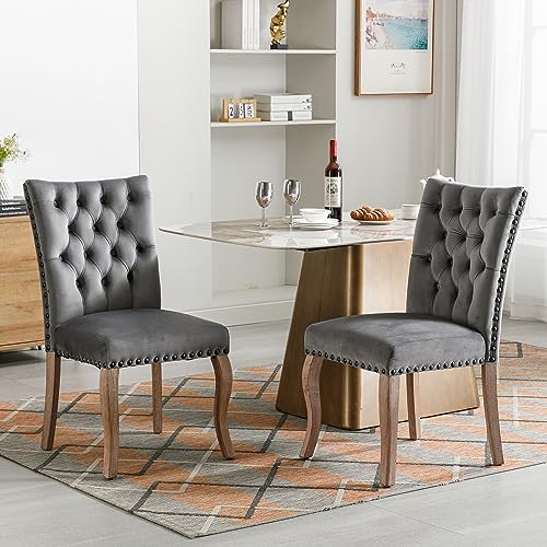DUlVBPE Esszimmerstuhl (Küchenstuhl Wohnzimmerstuhl mit einzigartigem Türklopfer auf der Rückseite, 2 St), Polsterstuhl mit Nagelkopfbesatz, Beinen aus Massivholz, Bezug aus Samt, Grau von DUlVBPE