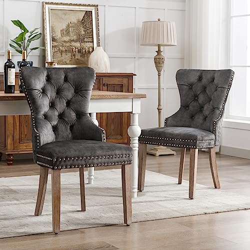 DUlVBPE Esszimmerstuhl (Küchenstuhl Wohnzimmerstuhl mit einzigartigem Türklopfer auf der Rückseite, 2 St), Polsterstuhl mit Nagelkopfbesatz, Beinen aus Massivholz, Bezug aus Samt, grau von DUlVBPE