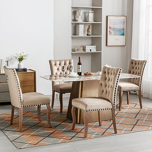 DUlVBPE Esszimmerstuhl (Küchenstuhl Wohnzimmerstuhl mit einzigartigem Türklopfer auf der Rückseite, 4 St), Polsterstuhl mit Nagelkopfbesatz, Beinen aus Massivholz, Bezug aus Samt, Helles Kamel von DUlVBPE