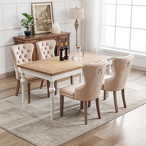 DUlVBPE Esszimmerstuhl (Küchenstuhl Wohnzimmerstuhl mit einzigartigem Türklopfer auf der Rückseite, 4 St), Polsterstuhl mit Nagelkopfbesatz, Beinen aus Massivholz, Bezug aus Samt, beige von DUlVBPE
