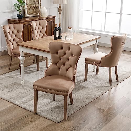 DUlVBPE Esszimmerstuhl (Küchenstuhl Wohnzimmerstuhl mit einzigartigem Türklopfer auf der Rückseite, 4 St), Polsterstuhl mit Nagelkopfbesatz, Beinen aus Massivholz, Bezug aus Samt, braun von DUlVBPE