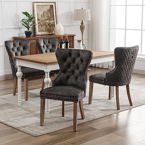 DUlVBPE Esszimmerstuhl (Küchenstuhl Wohnzimmerstuhl mit einzigartigem Türklopfer auf der Rückseite, 4 St), Polsterstuhl mit Nagelkopfbesatz, Beinen aus Massivholz, Bezug aus Samt, grau von DUlVBPE