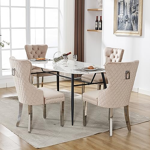 DUlVBPE Esszimmerstuhl (Küchenstuhl Wohnzimmerstuhl mit einzigartigem Türklopfer auf der Rückseite, 4 St), Polsterstuhl mit Nagelkopfbesatz,Stützbeine aus Metall, Bezug aus Samt,Beige von DUlVBPE