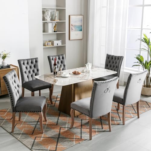 DUlVBPE Esszimmerstuhl (Küchenstuhl Wohnzimmerstuhl mit einzigartigem Türklopfer auf der Rückseite, 6 St), Polsterstuhl mit Nagelkopfbesatz, Beinen aus Massivholz, Bezug aus Samt, Grau von DUlVBPE