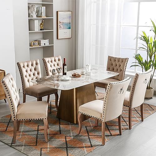 DUlVBPE Esszimmerstuhl (Küchenstuhl Wohnzimmerstuhl mit einzigartigem Türklopfer auf der Rückseite, 6 St), Polsterstuhl mit Nagelkopfbesatz, Beinen aus Massivholz, Bezug aus Samt, Helles Kamel von DUlVBPE