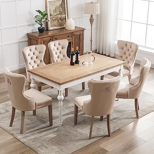 DUlVBPE Esszimmerstuhl (Küchenstuhl Wohnzimmerstuhl mit einzigartigem Türklopfer auf der Rückseite, 6 St), Polsterstuhl mit Nagelkopfbesatz, Beinen aus Massivholz, Bezug aus Samt, beige von DUlVBPE