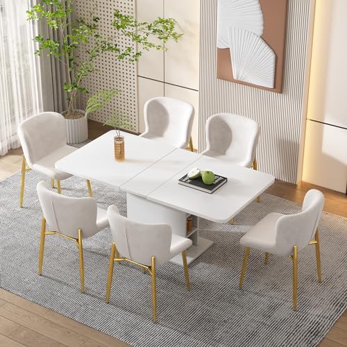 DUlVBPE Esszimmerstuhl aus Samt, Wohnzimmer, 6er-Set, Schlafzimmer, Einzelner Deluxe Wohn- und Schlafzimmersessel, Loungesessel mit Vier Metallfüßen, Beige von DUlVBPE