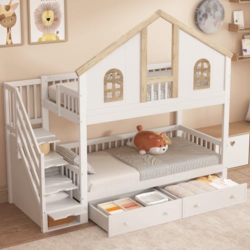DUlVBPE Etagenbett, Kinderbett, mit farblich abgesetztem Fallschutzgitter, mit Fenster, Zwei Schubladen mit Rollen, Treppe mit 4 Ablagefächern, Kiefer+MDF, Weiß+Natur, 90x200cm DUlVBPE Etagenbett, Kinderbett, mit farblich abgesetztem Fallschutzgitter, mit Fenster, Zwei Schubladen mit Rollen, Treppe mit 4 Ablagefächern, Kiefer+MDF, Weiß+Natur, 90x200cm von DUlVBPE