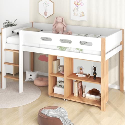 DUlVBPE Etagenbett mit Stauraum und beweglichem Schrank, Hochbett mit dreistufiger rechtwinkliger Treppe, Bettrahmen aus Massivholz, mit Absturzsicherung, Kiefer+MDF, Natur+Weiß, 90x200 cm von DUlVBPE