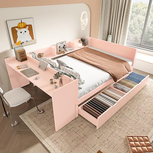 DUlVBPE Flachbett, Holzbett, 140x200cm, mit Schreibtisch, ausgestattet mit 2 Schubladen, Doppelbett(Ohne Matratze), mit Regalen, Kiefer + Spanplatte, Rosa von DUlVBPE
