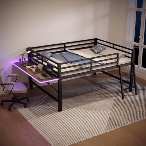 DUlVBPE Flachbett,140 x 200 cm, Metallbett, Ohne Matratze, Geländer, Leiter, Schreibtisch, Ferngesteuertes LED-Lichtband, Schwarz DUlVBPE Flachbett,140 x 200 cm, Metallbett, Ohne Matratze, Geländer, Leiter, Schreibtisch, Ferngesteuertes LED-Lichtband, Schwarz von DUlVBPE