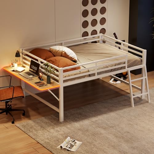 DUlVBPE Flachbett,140 x 200 cm, Metallbett, Ohne Matratze, Geländer, Leiter, Schreibtisch, Ferngesteuertes LED-Lichtband, Weiß DUlVBPE Flachbett,140 x 200 cm, Metallbett, Ohne Matratze, Geländer, Leiter, Schreibtisch, Ferngesteuertes LED-Lichtband, Weiß von DUlVBPE
