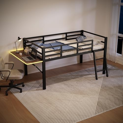 DUlVBPE Flachbett,90 x 200 cm, Metallbett, Ohne Matratze, Geländer, Leiter, Schreibtisch, Ferngesteuertes LED-Lichtband, Schwarz DUlVBPE Flachbett,90 x 200 cm, Metallbett, Ohne Matratze, Geländer, Leiter, Schreibtisch, Ferngesteuertes LED-Lichtband, Schwarz von DUlVBPE