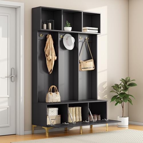 DUlVBPE Garderobenset mit Bank, multifunktionale Aufbewahrungsbank, offene Aufbewahrung,6 goldene Haken und Füße, geeignet für Flur, Wohnzimmer, schwarz,B120/D40/H191.5CM von DUlVBPE