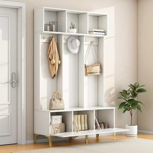 DUlVBPE Garderobenset mit Bank, multifunktionale Aufbewahrungsbank, offene Aufbewahrung,6 goldene Haken und Füße, geeignet für Flur, Wohnzimmer, weiß, B120/D40/H191.5CM von DUlVBPE