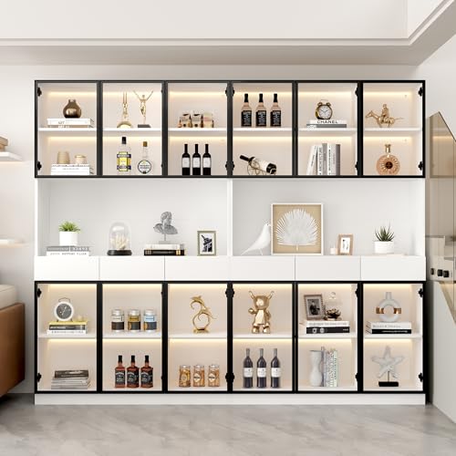 DUlVBPE Glasschrank Tür 200cm hoch Weißer Vitrinenschrank mit LED Lichtern, Multi Storage Bücherregal für Sammlung Schlafzimmer Wohnzimmer Büro, Weiß - Schwarzer Türrahmen DUlVBPE Glasschrank Tür 200cm hoch Weißer Vitrinenschrank mit LED Lichtern, Multi Storage Bücherregal für Sammlung Schlafzimmer Wohnzimmer Büro, Weiß - Schwarzer Türrahmen von DUlVBPE