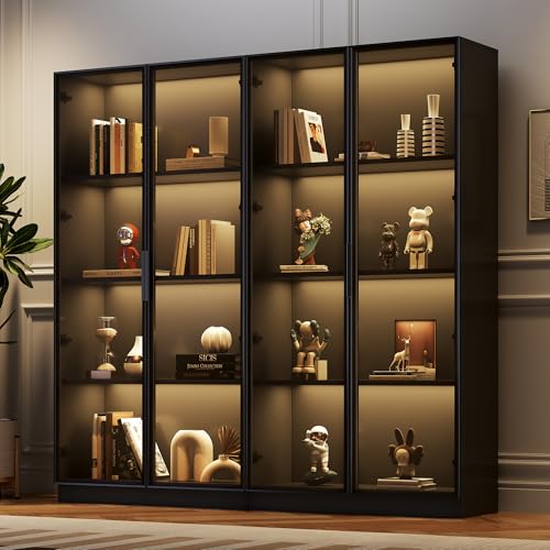 DUlVBPE Glasvitrine mit APP-gesteuerter LED-Beleuchtung, 4-türiger Lagerschrank mit Rollregalen, Wohnzimmer-Hochschrank, freistehender Vitrinenschrank, Badezimmerschrank DUlVBPE Glasvitrine mit APP-gesteuerter LED-Beleuchtung, 4-türiger Lagerschrank mit Rollregalen, Wohnzimmer-Hochschrank, freistehender Vitrinenschrank, Badezimmerschrank von DUlVBPE