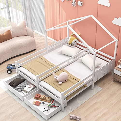 DUlVBPE Hausbett, Doppelbett, Kinderbett, Gitterbett mit 2 MDF-Schubladen, Schubladen auf Rollen, Lattenrost aus Kiefer, weiß (200x90cm) von DUlVBPE