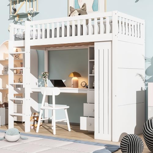 DUlVBPE Hochbett, 90 * 200cm, Schreibtisch, Kleiderschrank, 3 Schubladen, offener Stauraum, Geländer, Treppe, Ohne Matratze, Weiß von DUlVBPE
