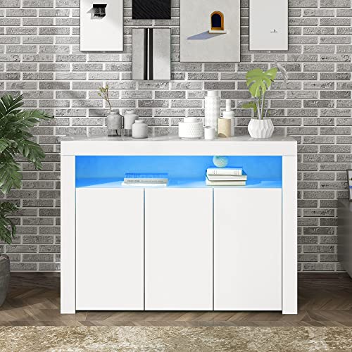 DUlVBPE Hochglänzende weiße Sideboard-Vitrine mit LED-Leuchten, Moderne 3-türige Holz-Buffetschrank-Aufbewahrungseinheit mit Fernbedienung für Küche, Wohnzimmer, Esszimmer, Flur von DUlVBPE