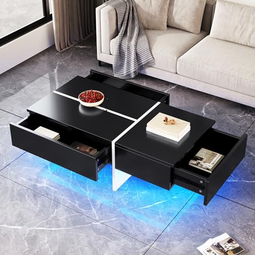 DUlVBPE Hochglänzender Couchtisch, schwarz-weiße Colorblock-Struktur, Wohnzimmermöbel, 100 * 50 * 34,5cm, mit App-gesteuertem LED-Beleuchtungssystem von DUlVBPE