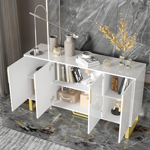 DUlVBPE Hochglanz-Sideboard, 4 Türen, Metallgriffe und -Beine, geometrisches Design in Weiß, 140L*40B*80H DUlVBPE Hochglanz-Sideboard, 4 Türen, Metallgriffe und -Beine, geometrisches Design in Weiß, 140L*40B*80H von DUlVBPE