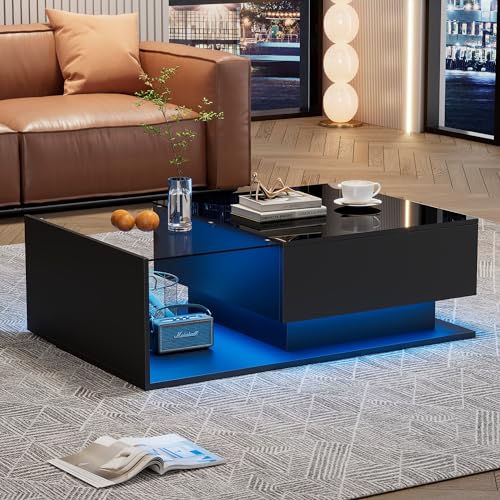 DUlVBPE Hochglanz schwarzer Couchtisch 100x50x32 cm - mit Glasplatte und Schubladen, Kratzfest, mit 1 Schublade, mit LED-Beleuchtung, moderner Stil von DUlVBPE