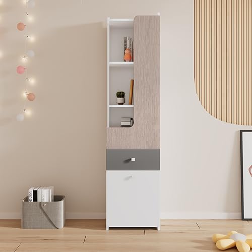 DUlVBPE Hohes Bücherregal, Teenager-Regal mit L-förmigen Tür, mit Schublade, Aufbewahrungsschränke, Türen mit Scharnieren, mit quadratische Metallknöpfe, MDF, Weiß + helle Ulmefarbe + Grau von DUlVBPE