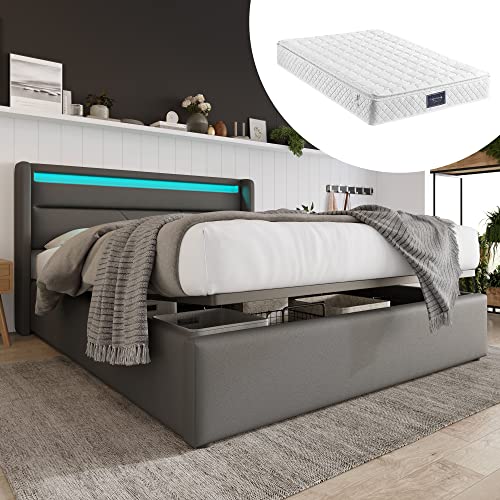 DUlVBPE Hydraulisch Stauraumbett mit LED-Beleuchtungsleiste, Doppelbett Bettgestell Polsterbett 140x200cm, Funktionsbett, Grau (Mit Matratze) von DUlVBPE