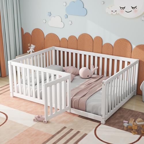 DUlVBPE Kinderbett 140 x 200, Holzboden Bettrahmen mit Zaun und Tür, Weiß von DUlVBPE