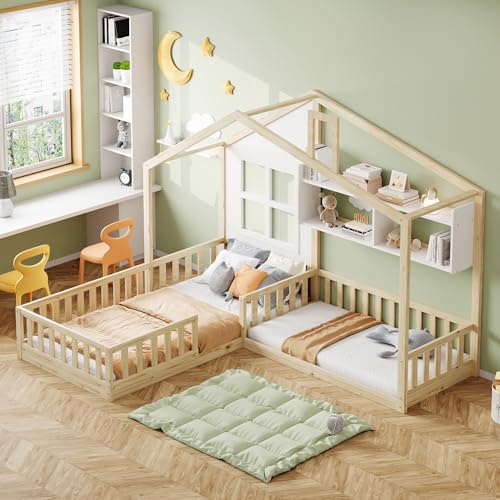 DUlVBPE Kinderbett 90x200 cm (140x70 cm) Mit Fenster und Schornstein in Form eines Hauses Mit Regalen, Raumhoher Massivholz-Bettkasten Mit Sicherheitsgitter und Lattenrost, Holzfarbe von DUlVBPE