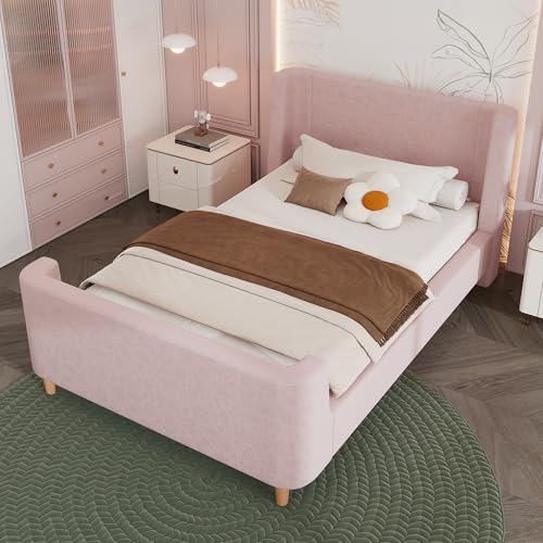 DUlVBPE Kinderbett Polsterbett,Einzelbett Schlittenbett mit kosmischem Muster, 90 x 200 cm, Für Jungen & Mädchen, Rosa, Samt (Ohne Matratze) von DUlVBPE