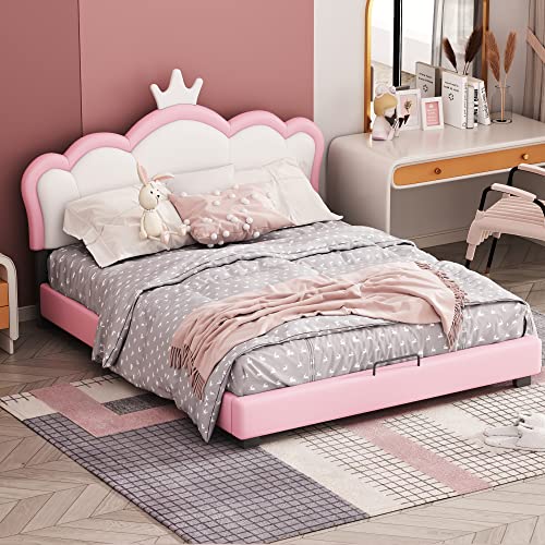 DUlVBPE Kinderbett Polsterbett 140 * 200cm mit Lattenrosten und Rückenlehne, Mädchenbett mit Kronenformung, rosa (Matratze Nicht enthaltet) von DUlVBPE