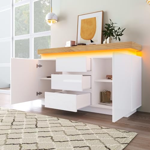 DUlVBPE Kommode, Hochglanz Sideboard mit 2 Türen und 3 Schubladen, LED Beleuchtung (App Control), Mehrzweckschrank für Wohnzimmer und Schlafzimmer, 81 x 140 x 39 cm, Weiß von DUlVBPE