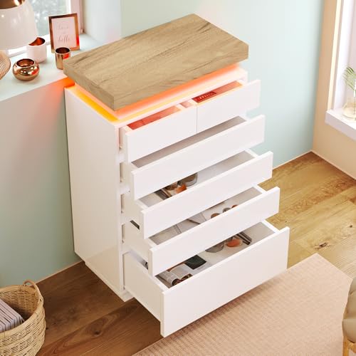 DUlVBPE Kommode, Hochglanz Sideboard mit 6 Schubladen, LED Beleuchtung (App Control), Mehrzweckschrank für Wohnzimmer und Schlafzimmer, 115 x 73 x 39 cm, Weiß von DUlVBPE