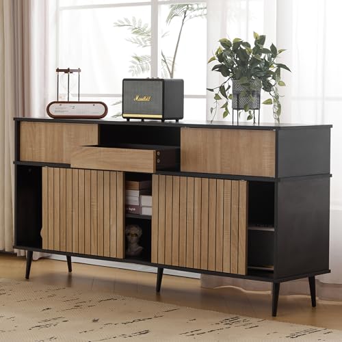 DUlVBPE Kommode mit 4 Schiebetüren und 1 Schublade, Eiche kombiniert mit Schwarz, Maße: 160 B x 40 T x 80 H von DUlVBPE