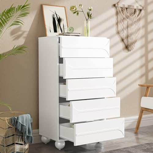 DUlVBPE Kommode mit 5 Schubladen und elegantem Prägedesign – weiße Metallfüße, großzügiger Stauraum, abgerundete Ecken von DUlVBPE