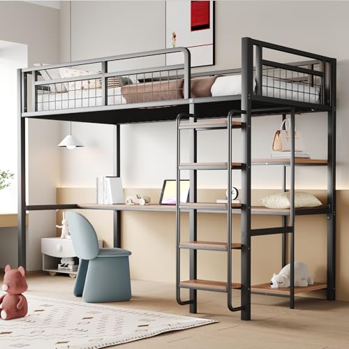 DUlVBPE Metall-Hochbett, 90 * 200 cm, Sicherheitsleiter mit Treppenstufen, Einzelbett, Kinderbett mit Tisch und Regalen, Metallgitter-Sicherheitszaun, Schwarz DUlVBPE Metall-Hochbett, 90 * 200 cm, Sicherheitsleiter mit Treppenstufen, Einzelbett, Kinderbett mit Tisch und Regalen, Metallgitter-Sicherheitszaun, Schwarz von DUlVBPE