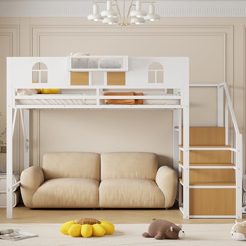 DUlVBPE Metall-Hochbett 140 x 200 cm, Mit Stauraumleiter, Fenster, Holzplatten und Netzgewebe, Einzigartige Erhöhte Umzäunung, Ablagefläche Am Bett, Stabiler Metallrahmen, Weiß von DUlVBPE