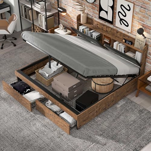 DUlVBPE Metallbett, 160 x 200 cm, Hydraulikbett,Jugendbetten, Doppelbett, mit Stauraum-Kopfteil und Metall Lattenrost, Ohne Matratze, Für Erwachsene, Kinder, Jugendliche,Holzfarbe+Schwarz von DUlVBPE