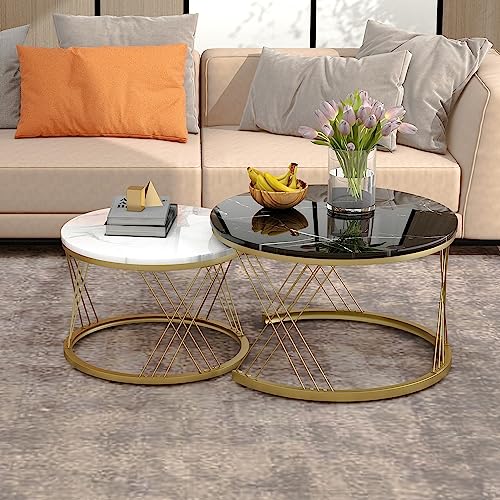 DUlVBPE Moderne Nesting Couchtisch, Couchtisch Satz Marmor Furnier Sofa Seite Nest von Tischen Runde Endtische, Satz von 2, Goldene Farbe Frame von DUlVBPE