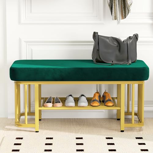 DUlVBPE Moderne Schuhbank mit Sitzfläche aus Samt und stabilem Metallgestell Platzsparende Flurbank mit verstellbaren Füßen Ideal als Schuhbank für Flur Schlafzimmer und kleine Wohnungen (Grün+Gold) DUlVBPE Moderne Schuhbank mit Sitzfläche aus Samt und stabilem Metallgestell Platzsparende Flurbank mit verstellbaren Füßen Ideal als Schuhbank für Flur Schlafzimmer und kleine Wohnungen (Grün+Gold) von DUlVBPE