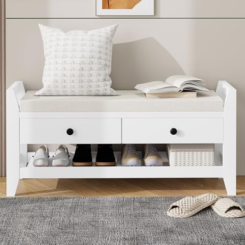 DUlVBPE Moderne Schuhbank mit Sitzfläche und Stauraum, Soft Kissen-Oberfläche, Schuhregal für Eingangsbereich, Weiß von DUlVBPE