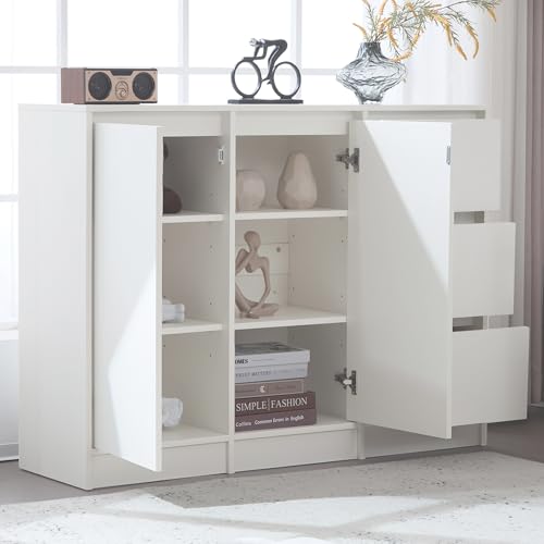 DUlVBPE Moderne Sideboard Kommode Schuhschrank mit großem Stauraum, Zwei Türen und DREI Schubladen mit einem verstellbaren Regal für Esszimmer, Wohnzimmer oder Küche,Weiß, Maße: 120 * 90 * 35 cm DUlVBPE Moderne Sideboard Kommode Schuhschrank mit großem Stauraum, Zwei Türen und DREI Schubladen mit einem verstellbaren Regal für Esszimmer, Wohnzimmer oder Küche,Weiß, Maße: 120 * 90 * 35 cm von DUlVBPE