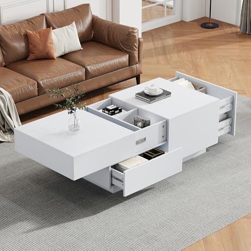 DUlVBPE Moderner Couchtisch,Kaffeetisch, Wohnzimmertisch,mit verschiebbarer Tischplatte, 4 Schubladen – Perfekt für stilvolle Wohnzimmer 90x55x45cm von DUlVBPE