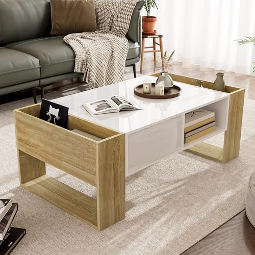 DUlVBPE Moderner Couchtisch 105 x 60 x 40 cm - teilweise Hochglanz, mit Schubladen und offenen Fächern von DUlVBPE