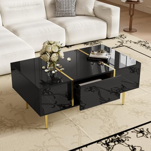 DUlVBPE Moderner Couchtisch in Schwarz mit Hochglanz und 2 Schubladen von DUlVBPE