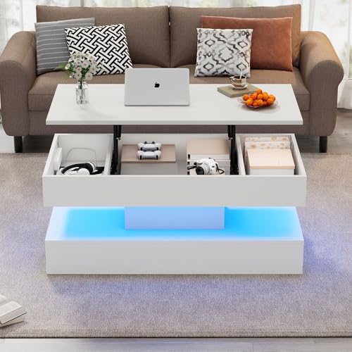 DUlVBPE Moderner Couchtisch mit LED-Beleuchtung und verstecktem Stauraum - Beistelltisch mit hydraulischem Hub, 100 * 50 * 42 cm, 50 kg belastbar von DUlVBPE